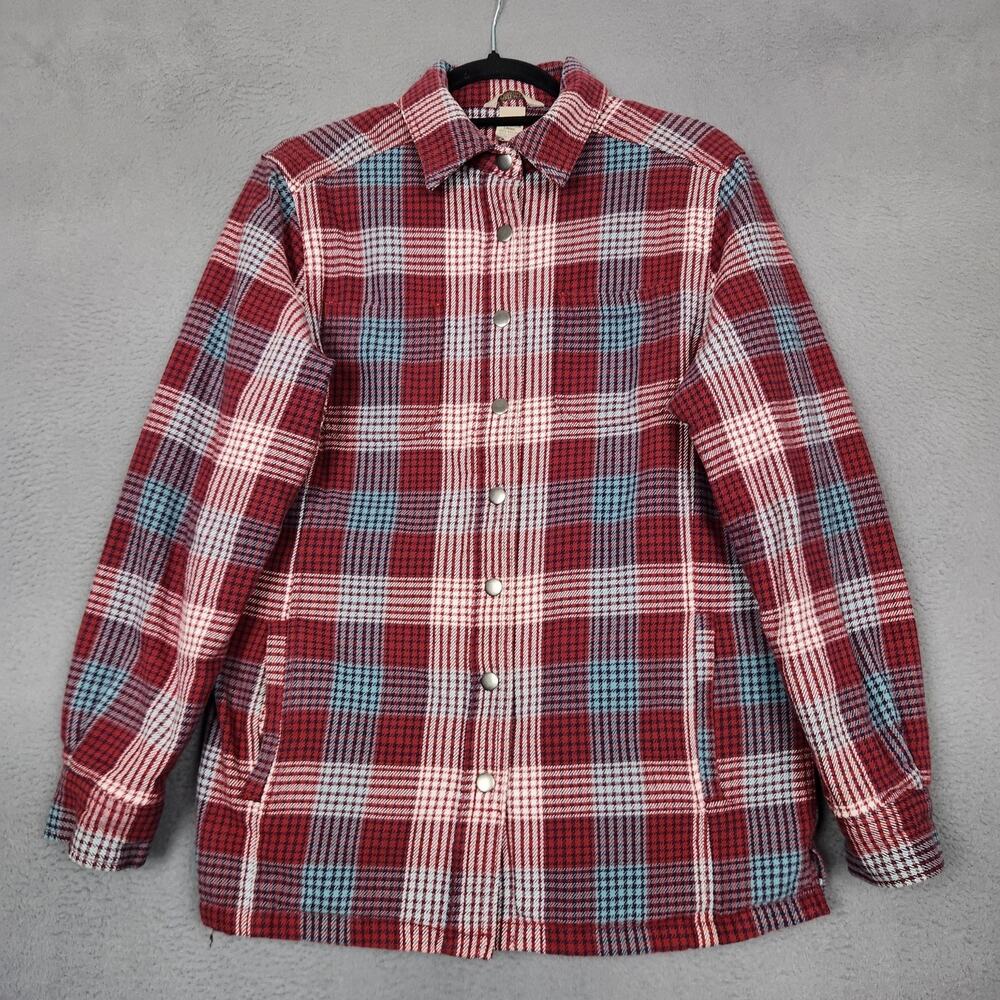Duluth Trading Co Shirt Jacket Mens Small Red Plaid Quilted Flannel Lined Snap